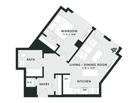 Floor plan for 1 bed, 1 bath, 583 sqft